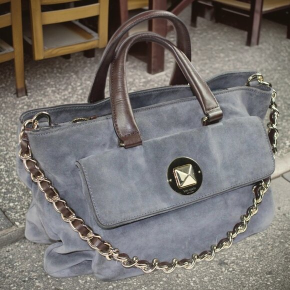 Kate Spade Wanderlust French Gray Suede Leather Chocolate Accent Shoulder Bag - Picture 3 of 12